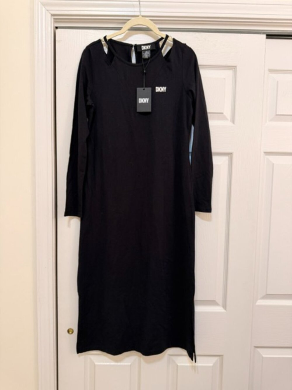 DKNY black cotton blend cutout shoulder long sleeve dress women s-nwt